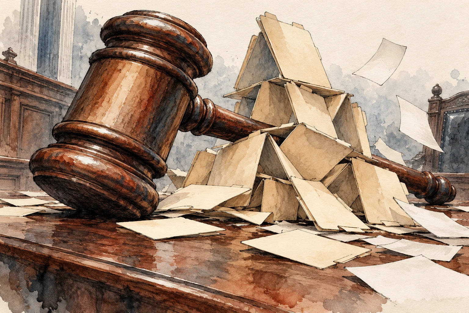 A large wooden judge’s gavel rests beside a precarious tower of paper folders, with loose sheets scattered across a courtroom desk.