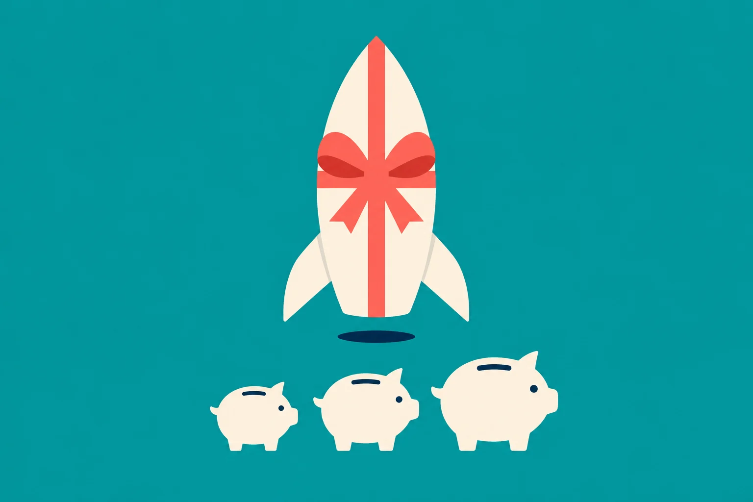 A cream rocket wrapped in a red gift ribbon floats above three cream piggy banks of increasing size against a teal background.