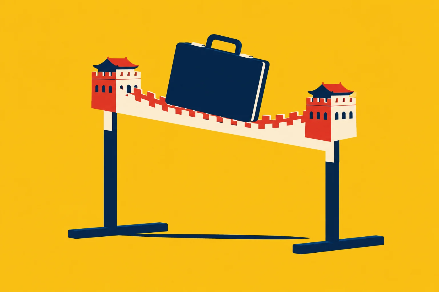 A navy briefcase rests atop a hurdle styled like the Great Wall of China, with red and cream watchtowers against a yellow background.