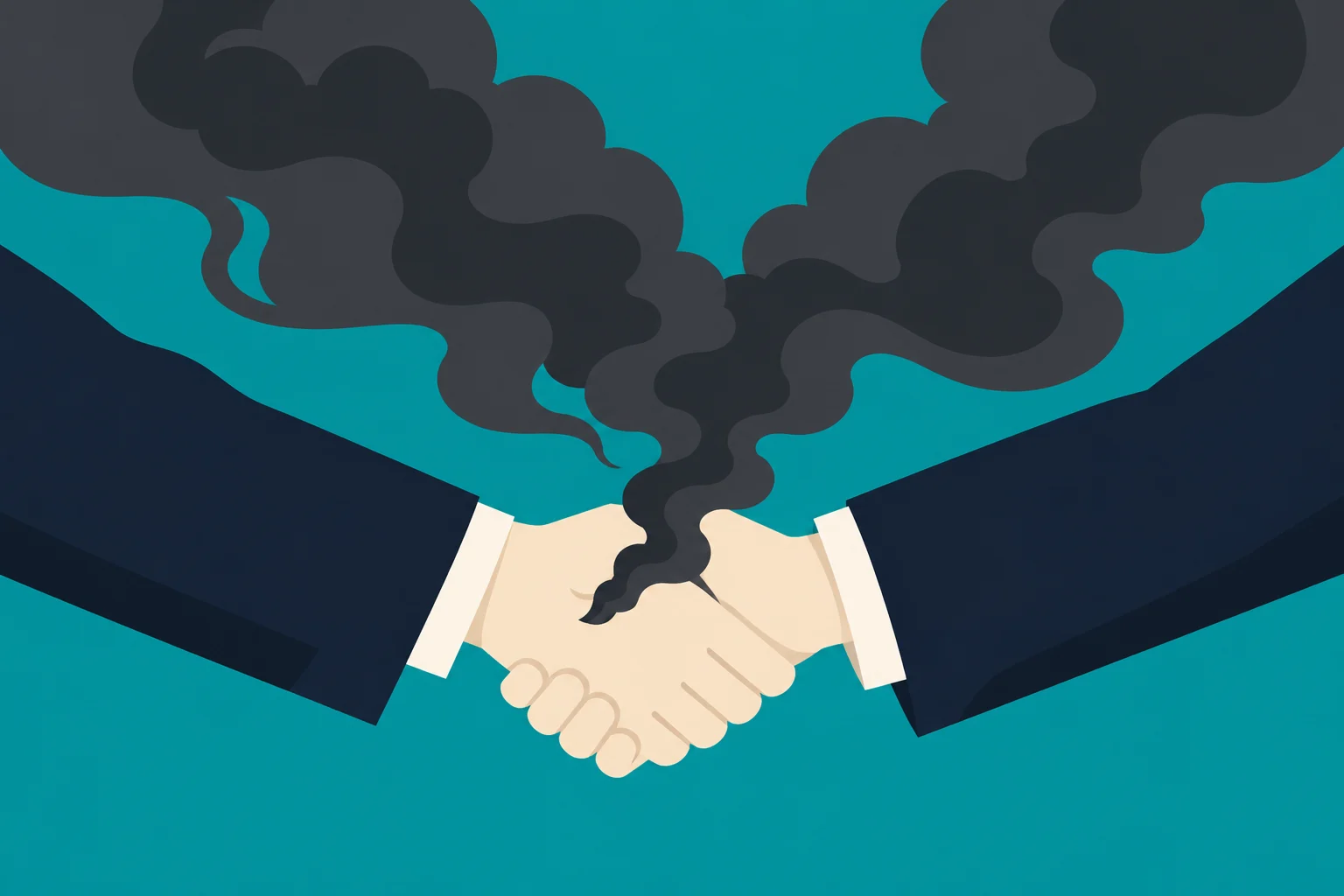 Two people in dark suits shake hands as thick black smoke rises from their clasped hands against a teal background.