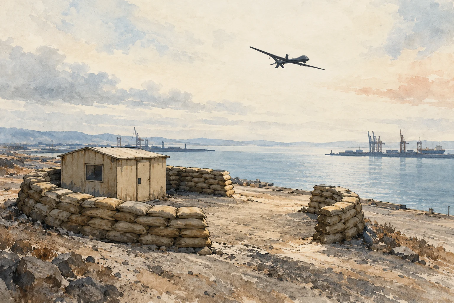 A drone flies over a coastal harbor with cranes and ships, while sandbag walls surround a small weathered hut on rocky ground.