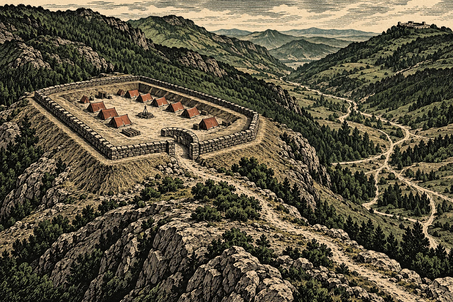 An engraved landscape shows a stone-walled camp with tents atop a rocky mountain ridge overlooking forested valleys, winding roads, and a distant hilltop fortress.