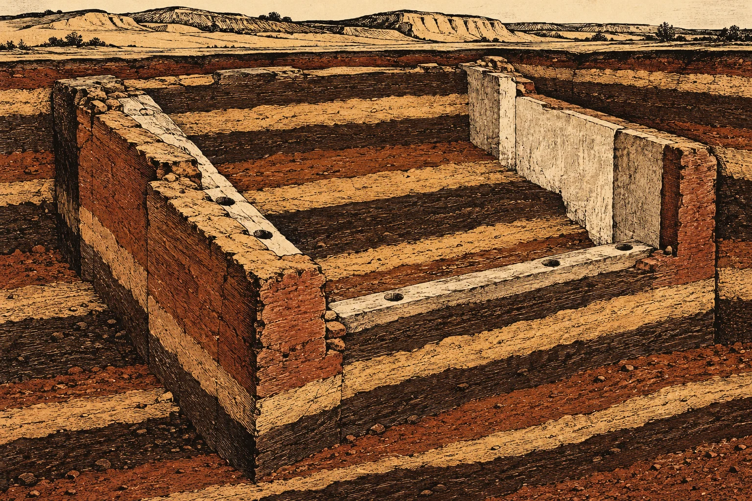 An antique-style illustration shows partially excavated stone walls forming a rectangular enclosure in layered desert earth, with flat-topped hills in the distance.