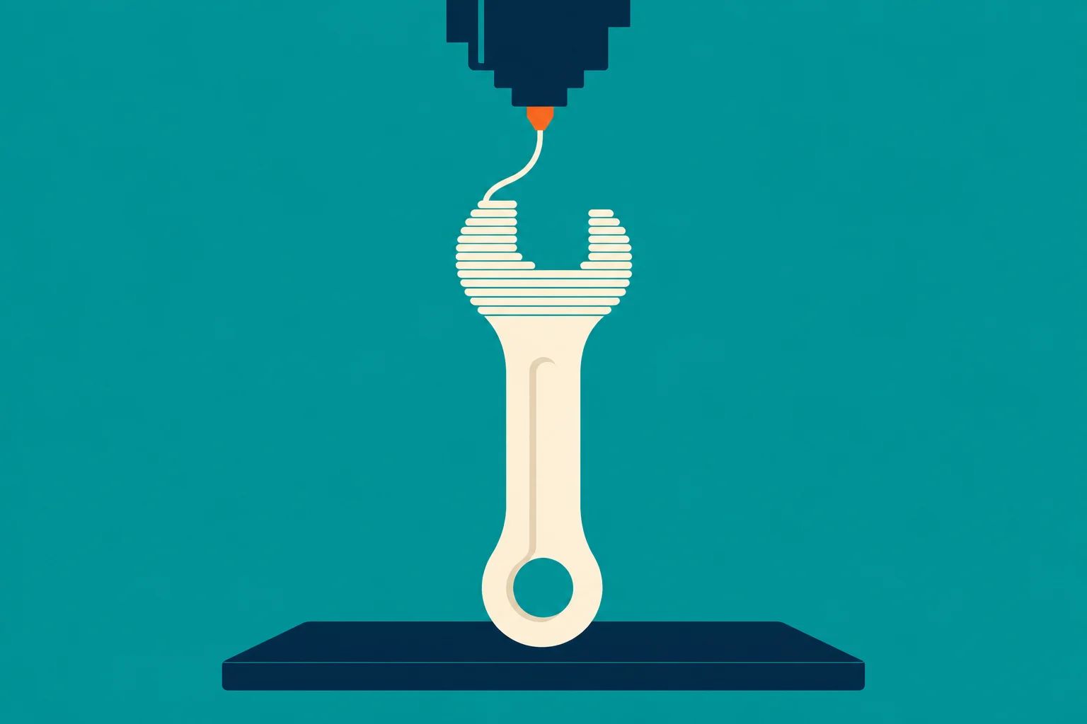 A 3D printer deposits cream-colored layers to form a wrench on a dark platform against a teal background.
