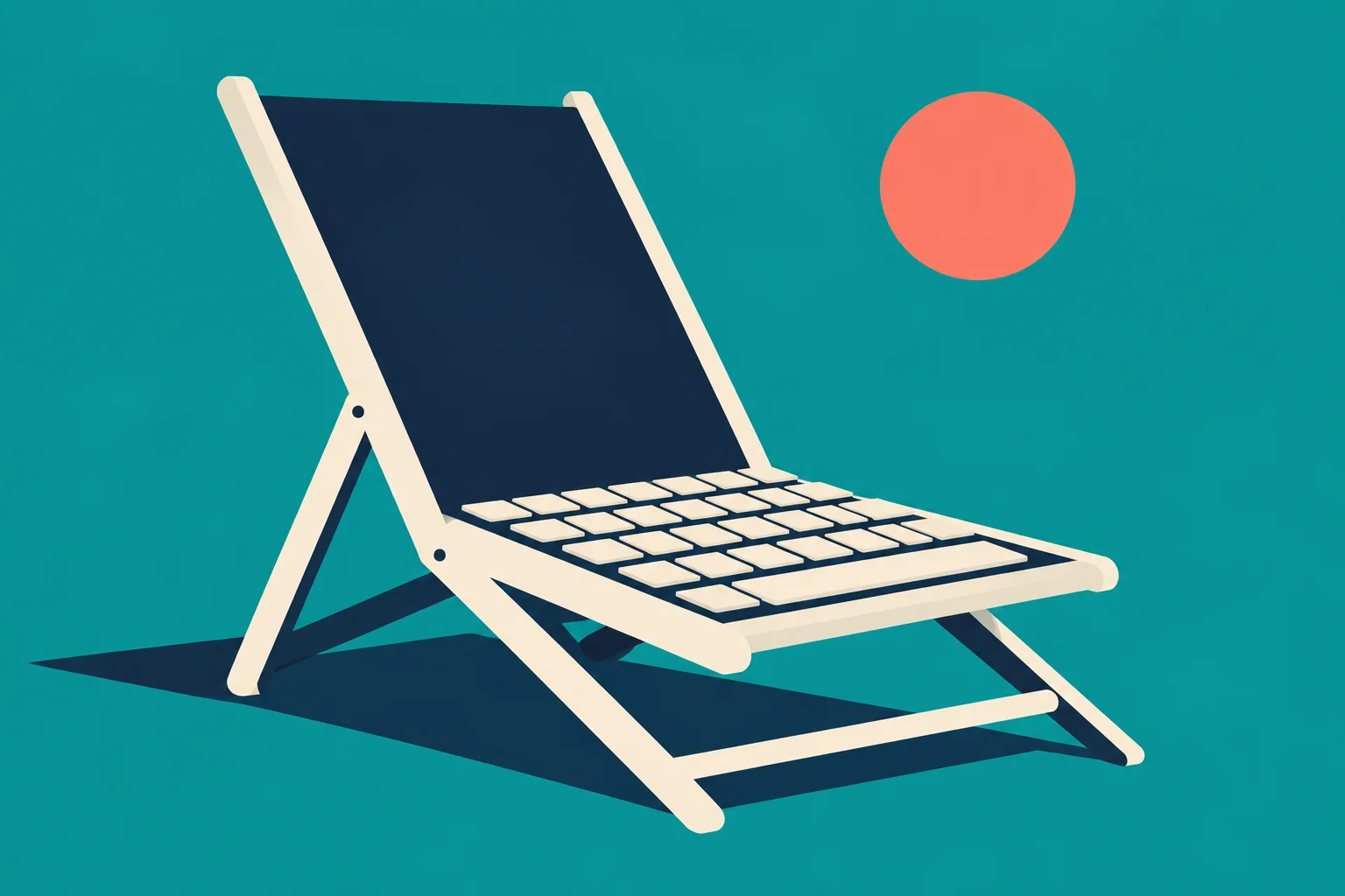 A cream-colored deck chair resembles an open laptop, with a dark screen backrest and keyboard seat, against a teal background with a coral sun.