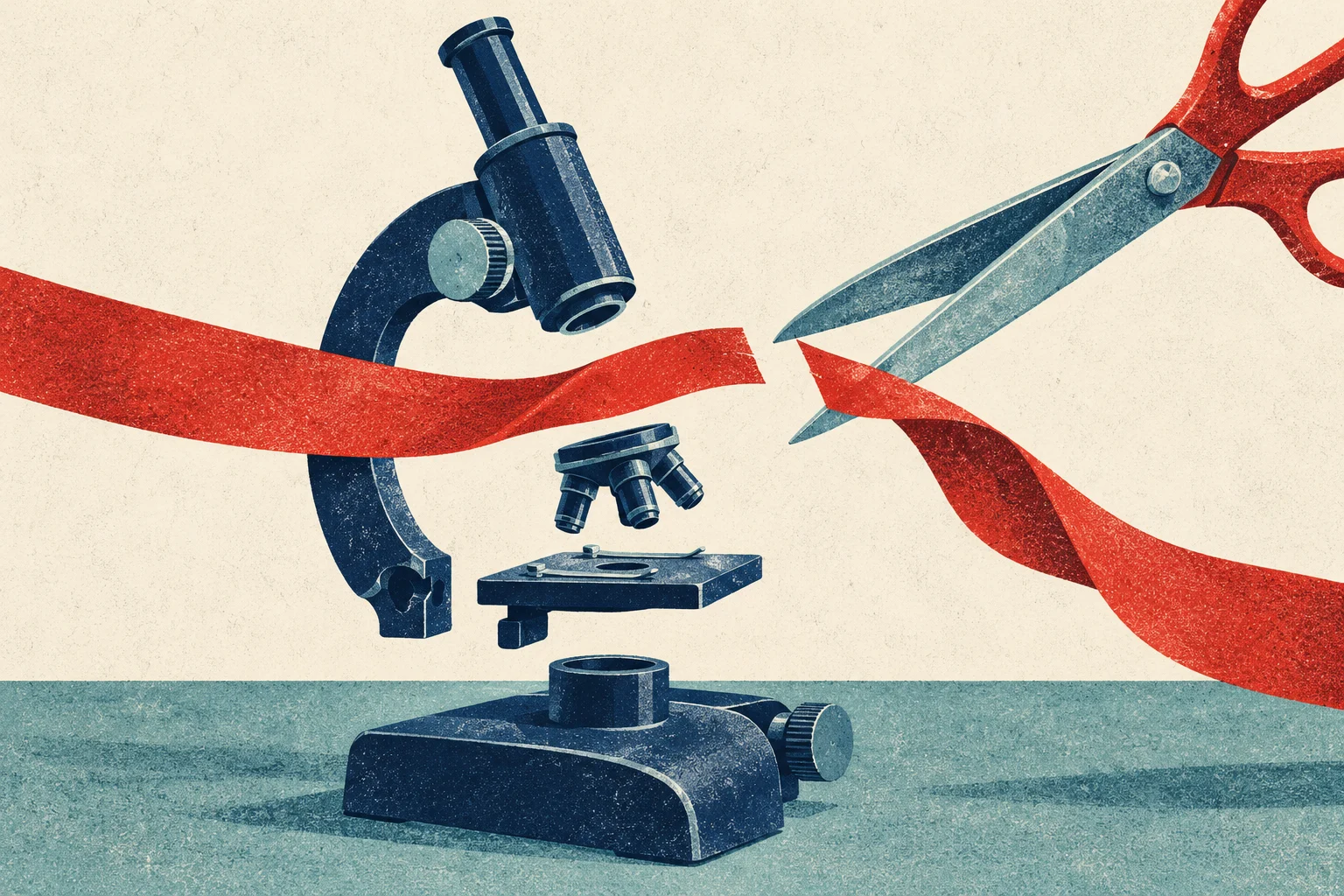 Large scissors cut a flowing red ribbon stretched across a partially disassembled blue microscope, illustrated in a textured vintage style.