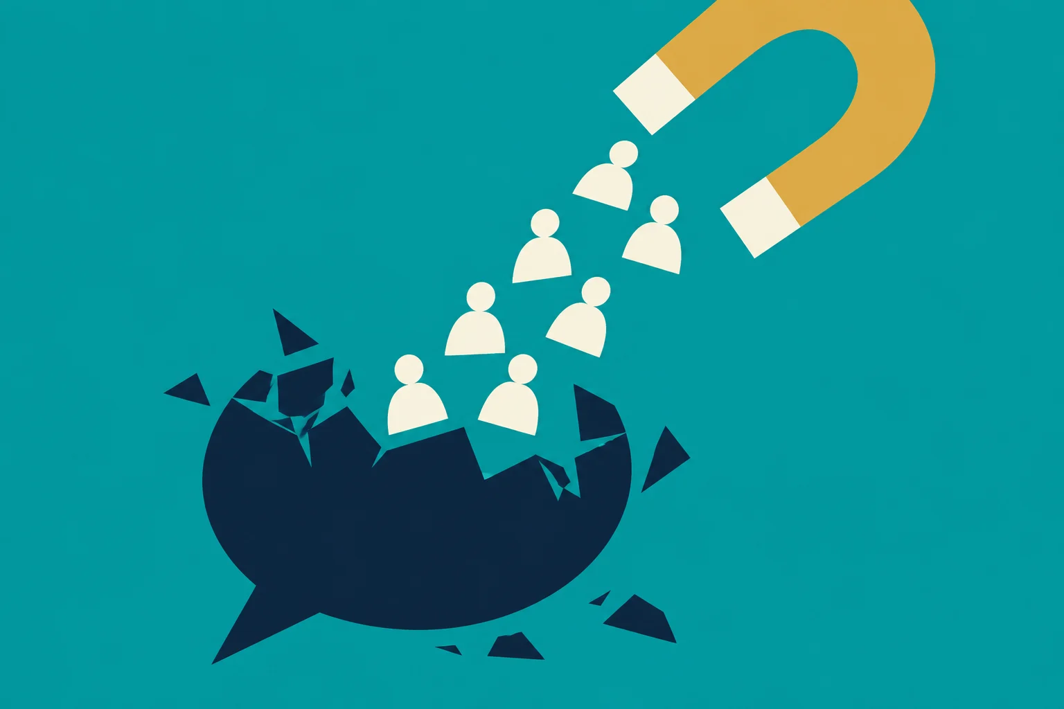 A yellow horseshoe magnet attracts cream-colored human figures from a shattered dark blue speech bubble against a teal background.