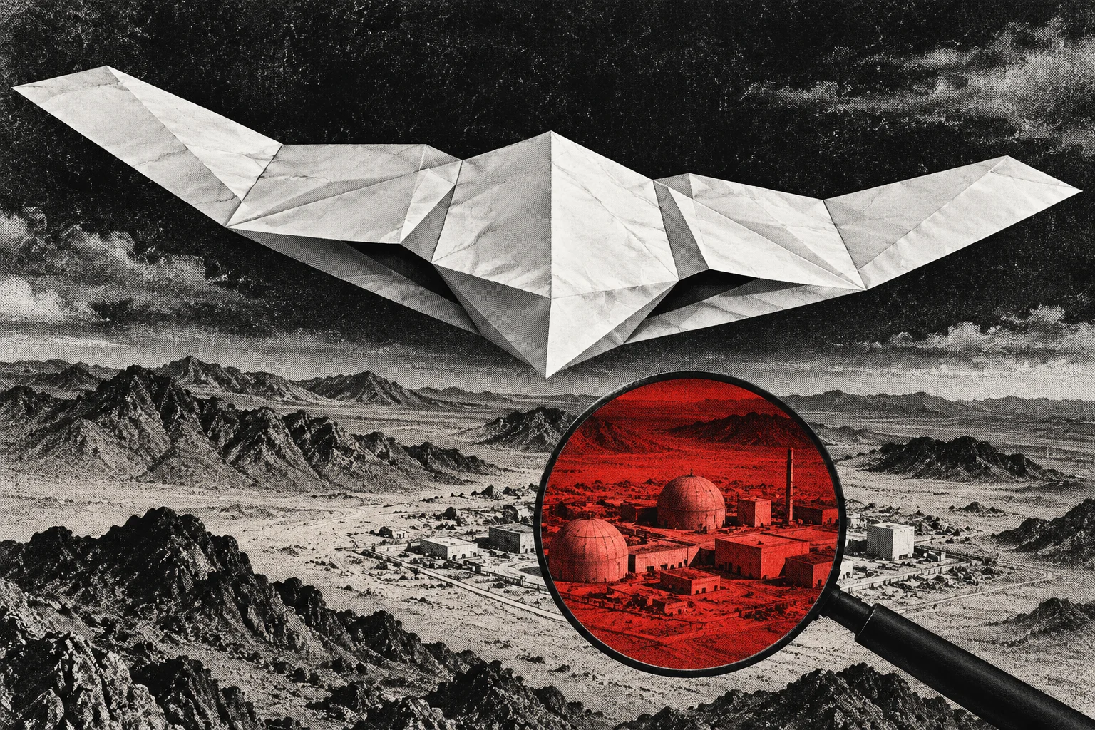A white origami stealth aircraft flies above a monochrome desert, while a red magnifying glass highlights a facility with domed buildings.