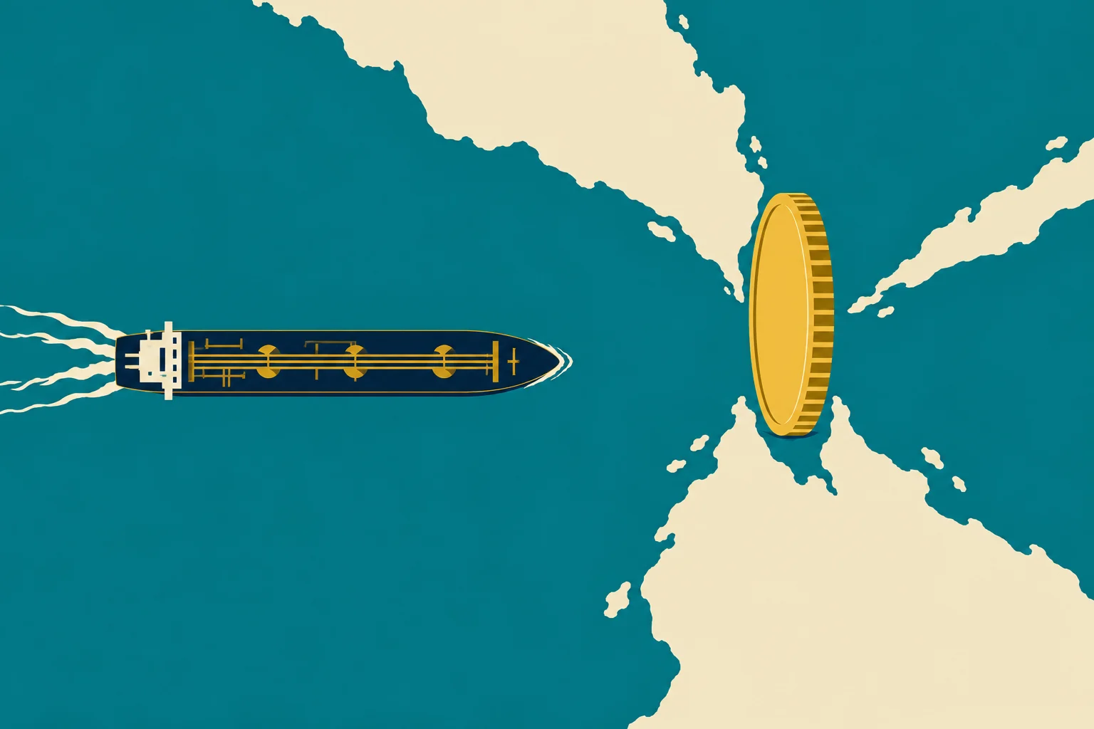 A tanker ship approaches a narrow passage between cream-colored landmasses, where a giant upright gold coin blocks the teal waterway.