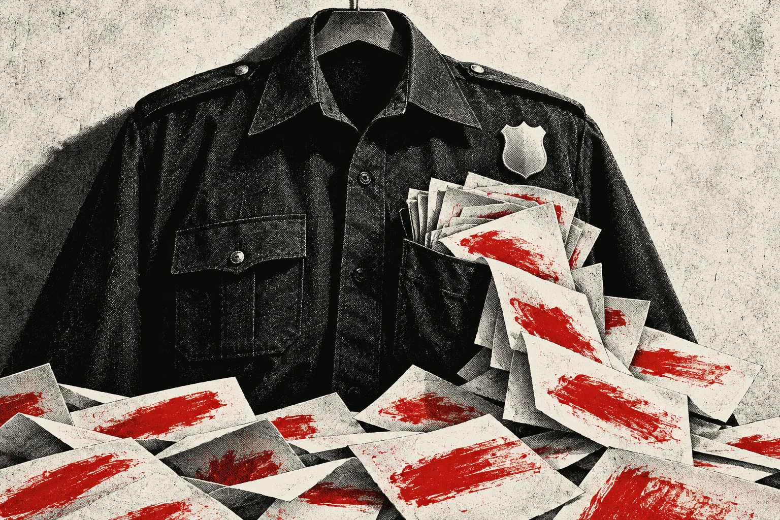 A black police uniform with a blank badge hangs behind scattered papers marked with red brushstrokes, including papers spilling from its chest pocket.
