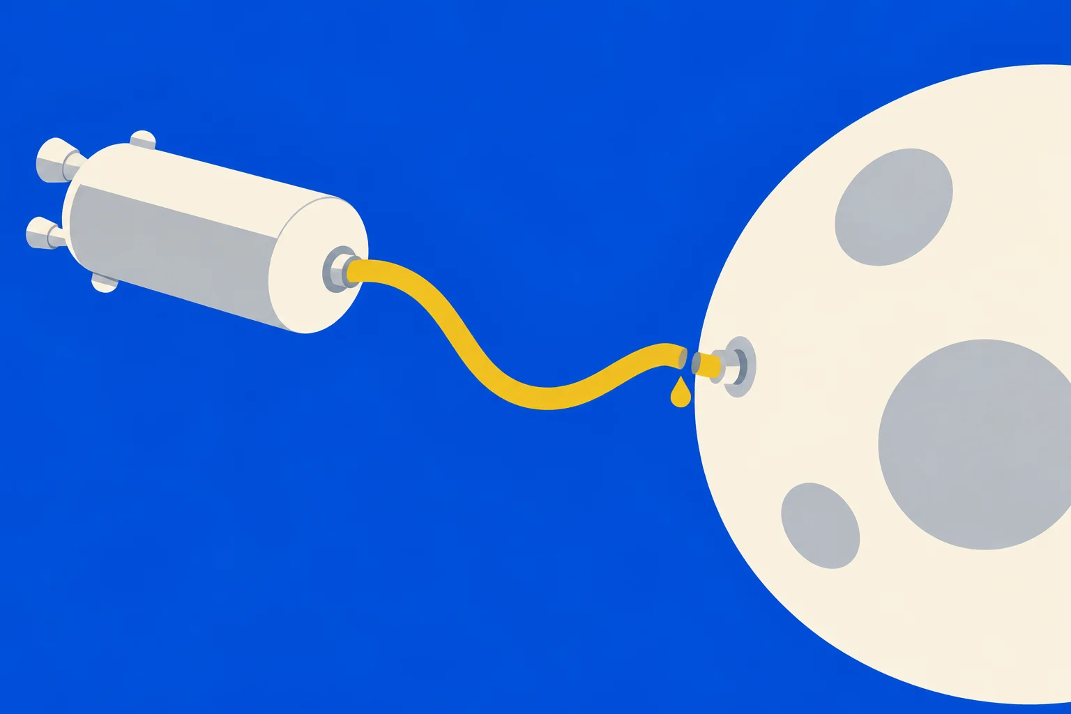A cylindrical spacecraft connects to a cratered moon by a yellow hose that is broken near the moon, with a yellow droplet below the break.