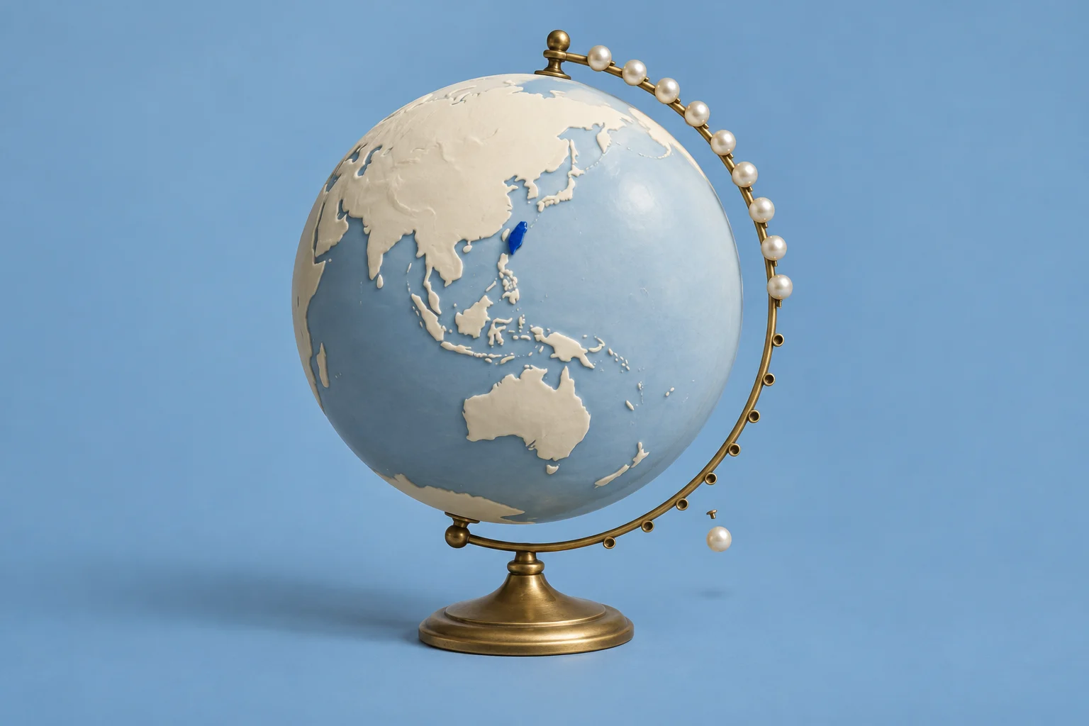 A blue and cream globe highlights Taiwan in blue, framed by a gold stand with pearls along its upper arc and one detached pearl below.