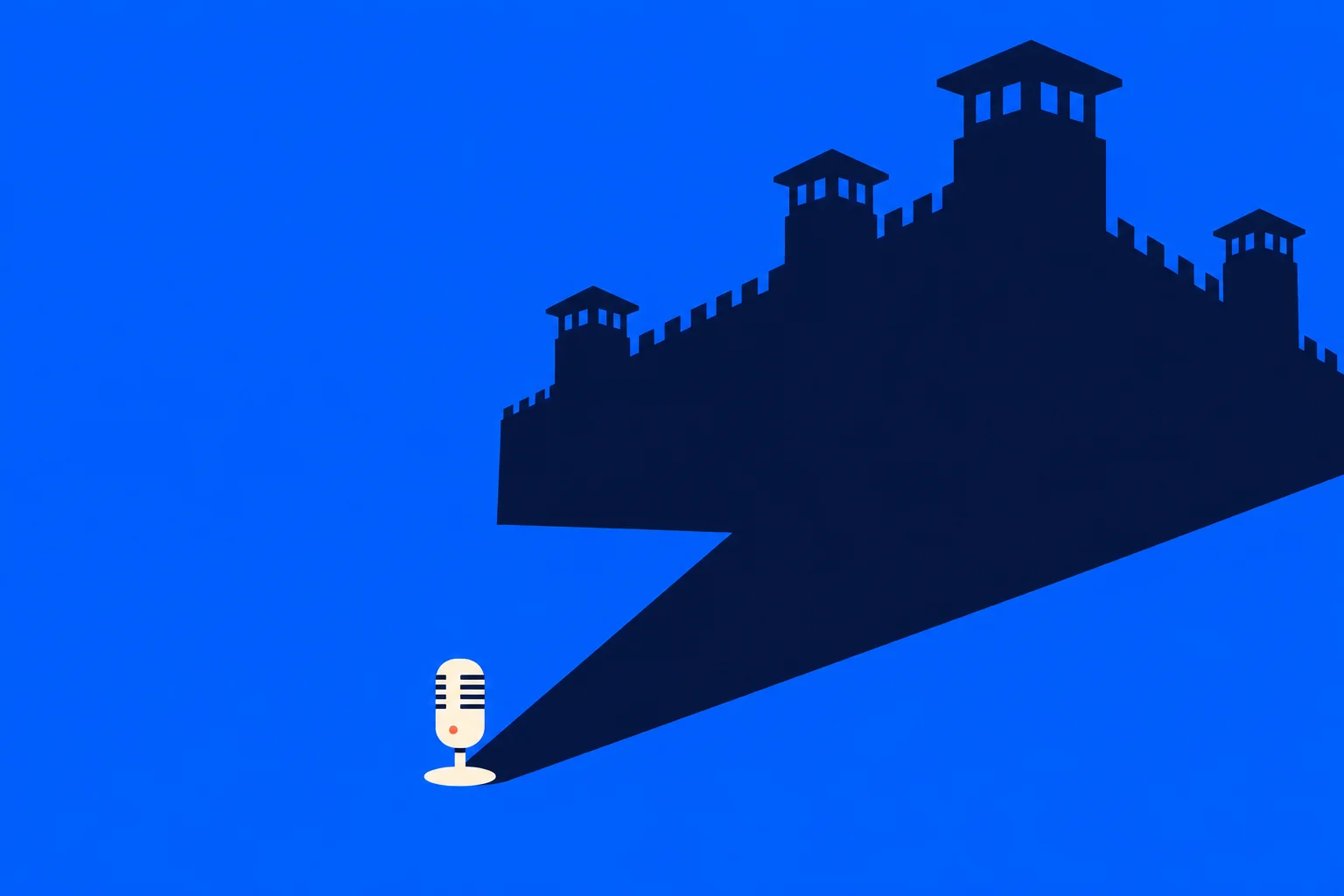 A cream-colored microphone casts a large, dark castle-shaped shadow with towers and battlements against a bright blue background.