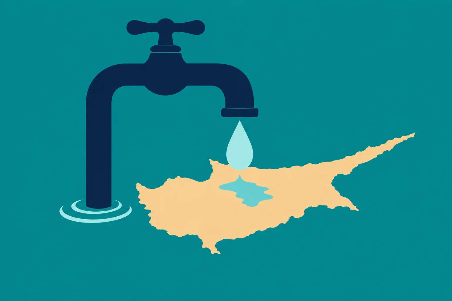 A dark blue faucet drips water onto a yellow silhouette of Cyprus against a teal background.