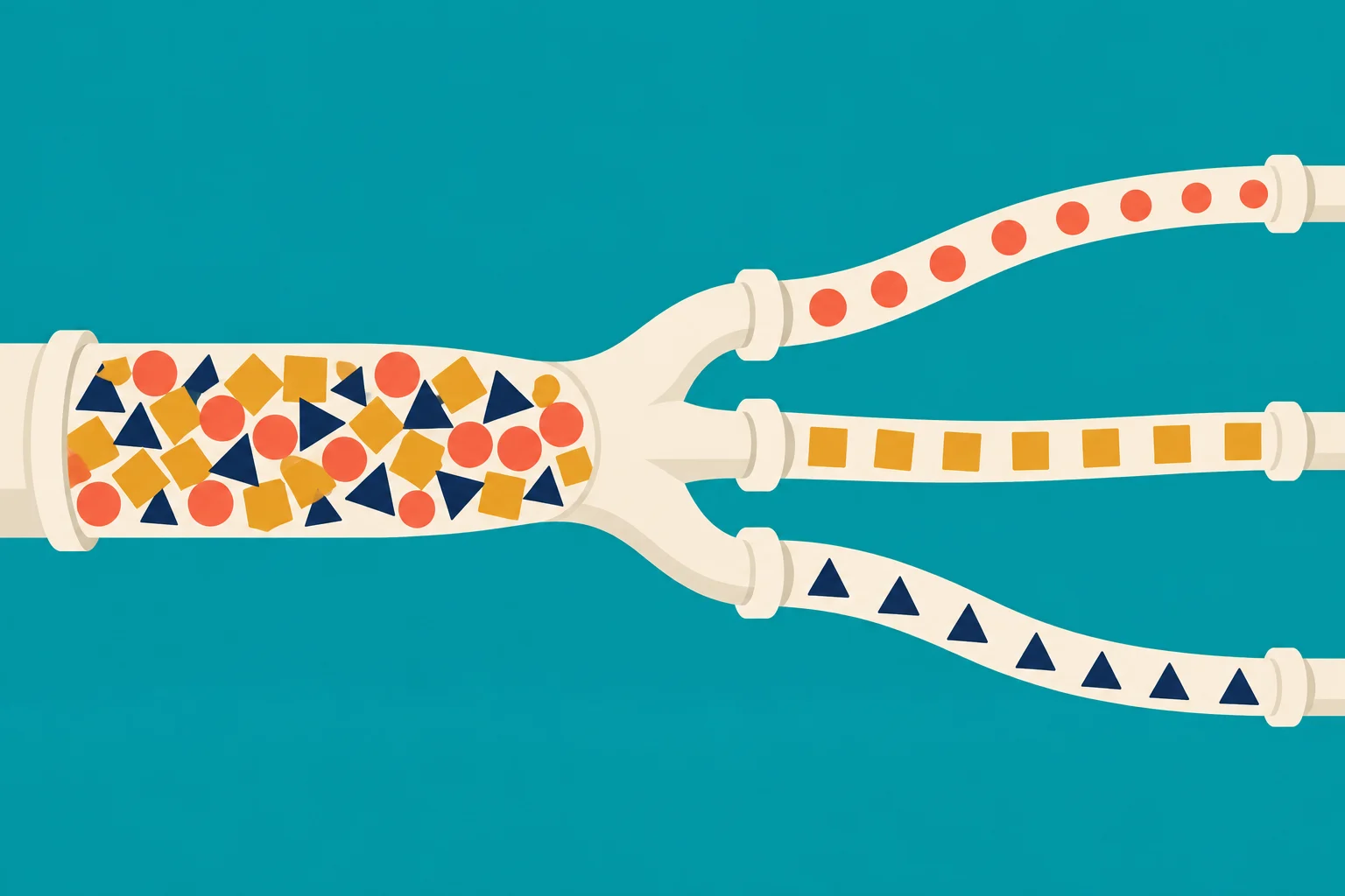 A cream pipe carrying mixed red circles, yellow squares, and navy triangles splits into three branches, each containing only one shape type, against a teal background.