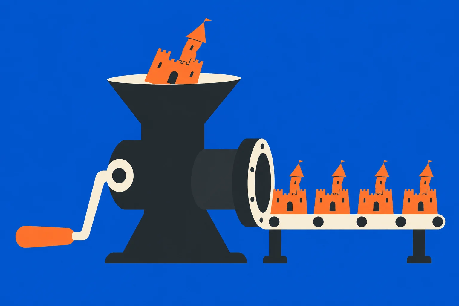 An orange castle enters a hand-cranked black machine, which produces four smaller orange castles on a conveyor belt against a blue background.
