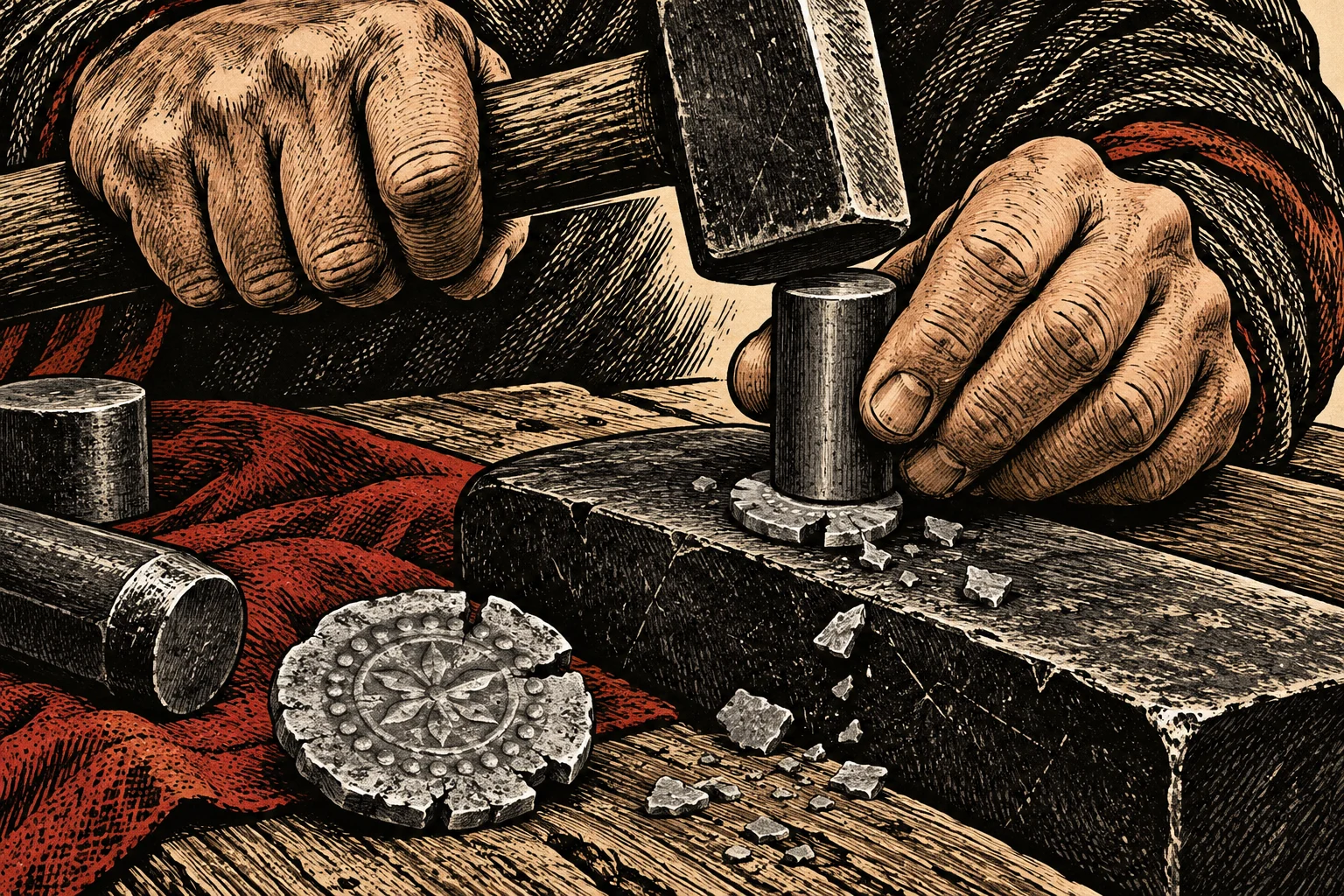 A woodcut-style illustration shows a craftsperson hammering a metal cylinder onto a cracked decorative disc, with broken fragments scattered across a workbench.