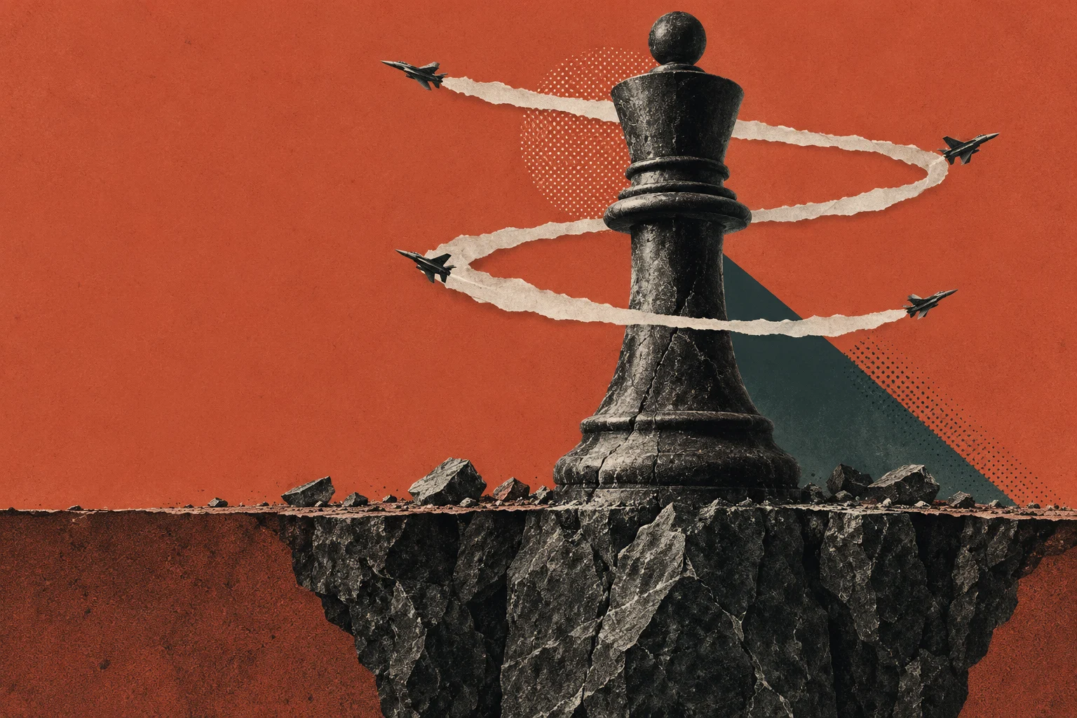 Four fighter jets circle a cracked black chess pawn with white vapor trails above a rocky cliff against a textured orange background.