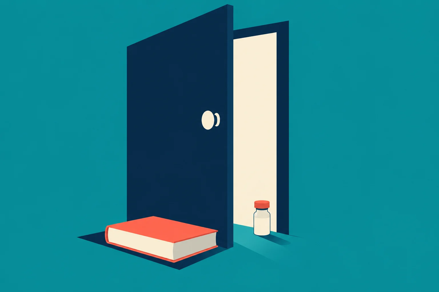 An open navy blue door reveals a bright cream doorway, with a red book in front and a small red-capped vial beside it.