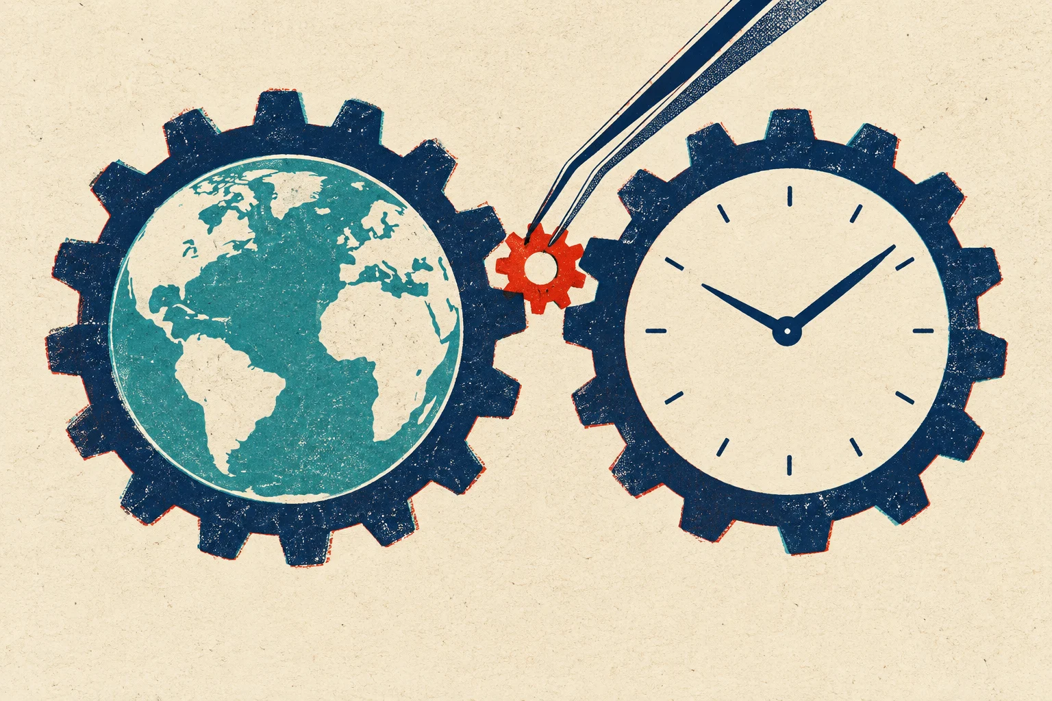 Two large navy gears contain a globe and a clock, linked by a small red gear held with tweezers, on a textured cream background.