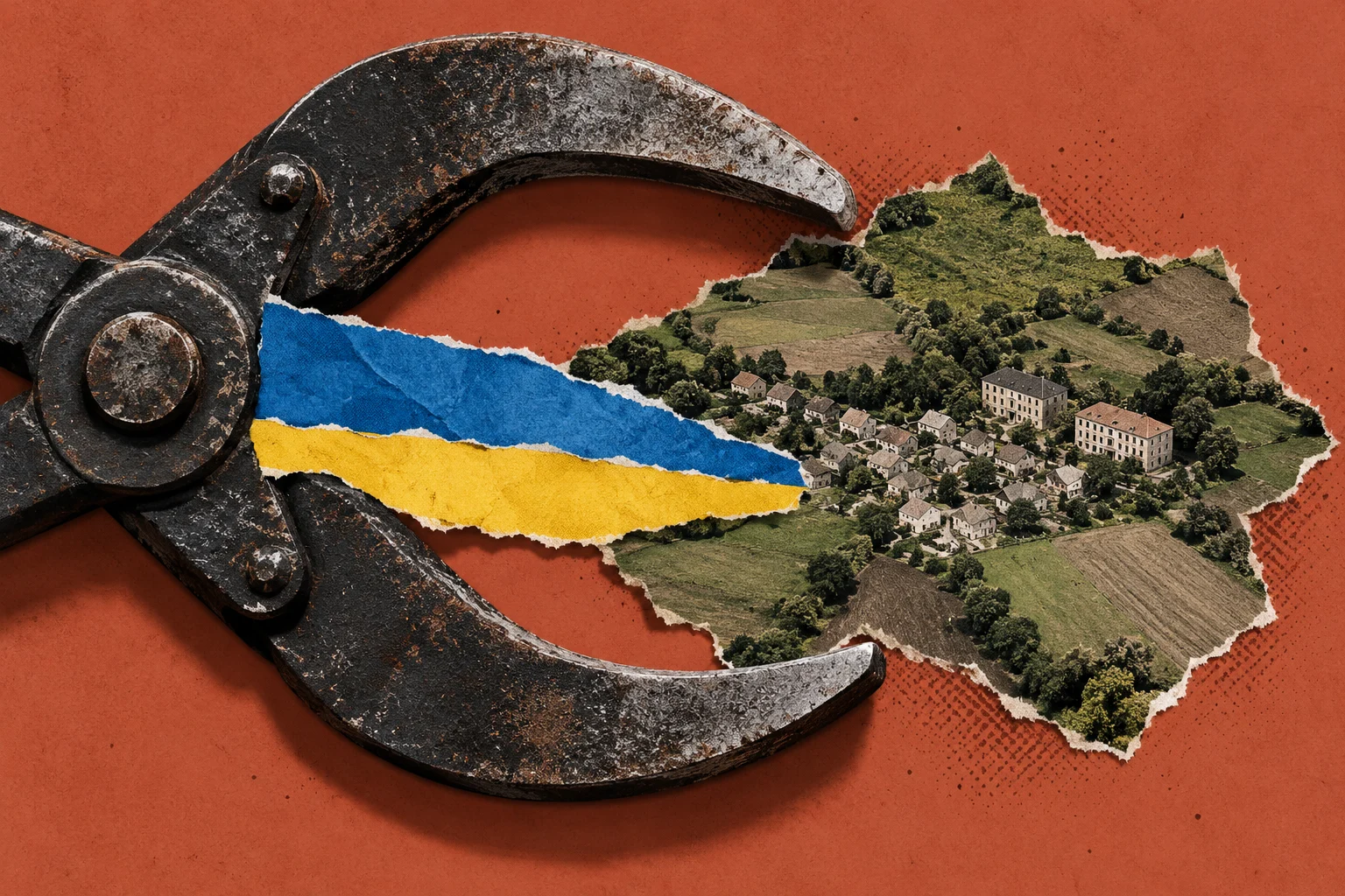 Large rusty pincers surround torn blue and yellow paper extending into a rural village collage on a textured orange background.