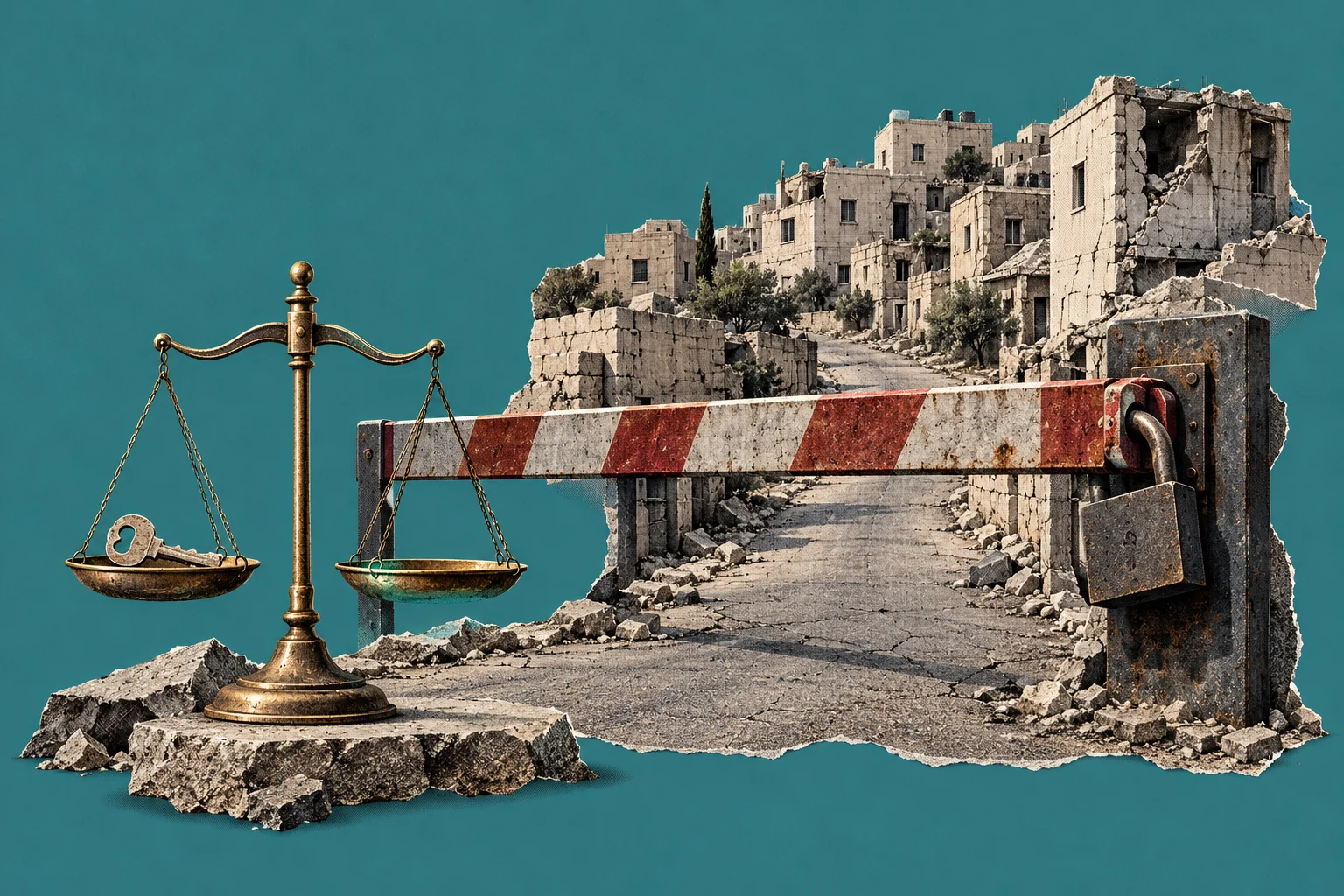 A brass balance scale holding a key stands beside a locked, striped road barrier blocking a rubble-strewn street through ruined stone buildings against a teal background.