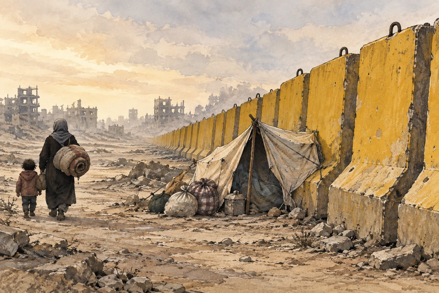 An adult and child walk through a ruined city beside a long yellow concrete barrier, with a makeshift tent and bundled belongings in the foreground.