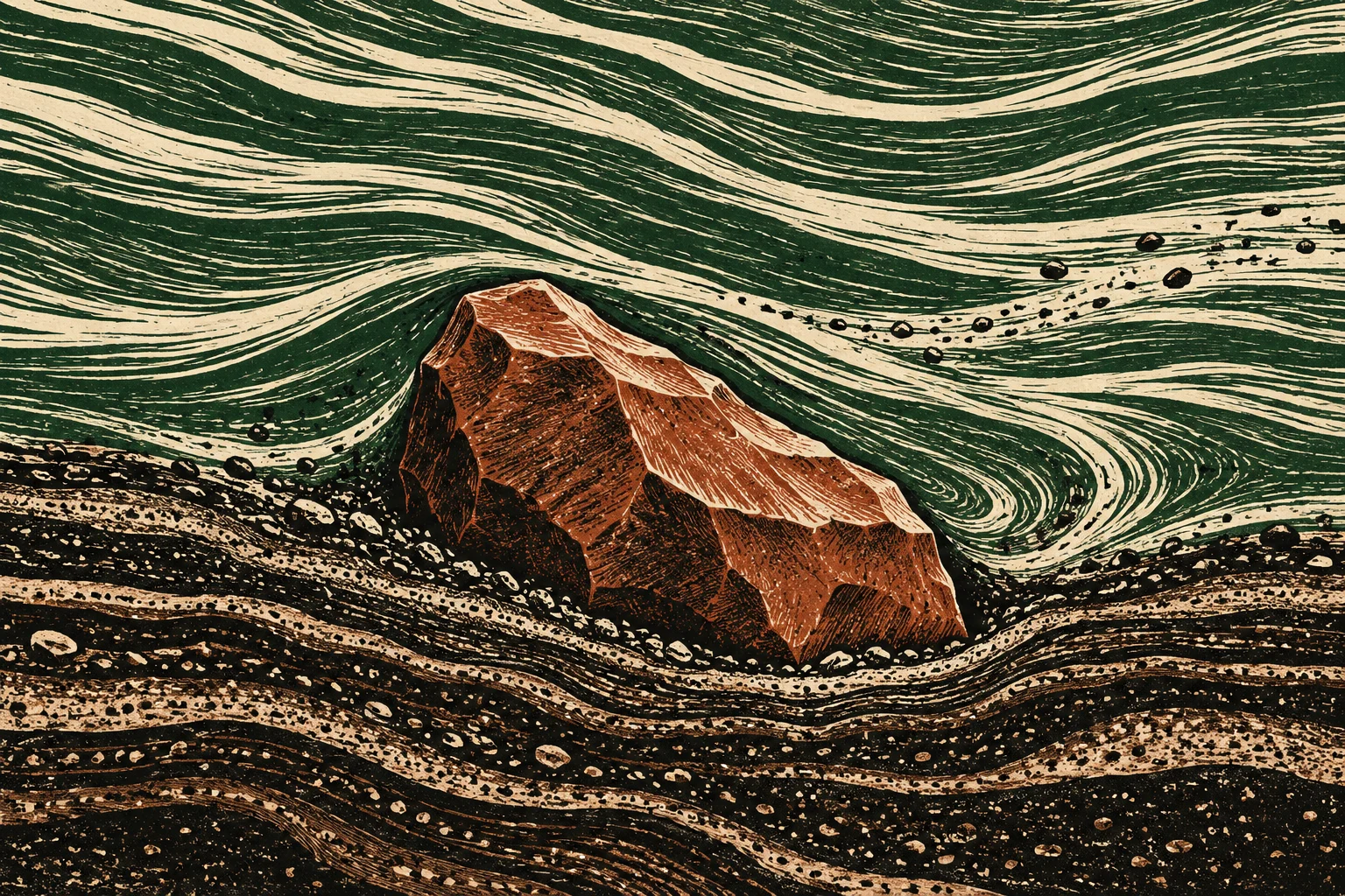 A textured woodcut-style illustration shows a large rust-colored rock amid flowing green and cream bands above dark, pebbly layers of earth.