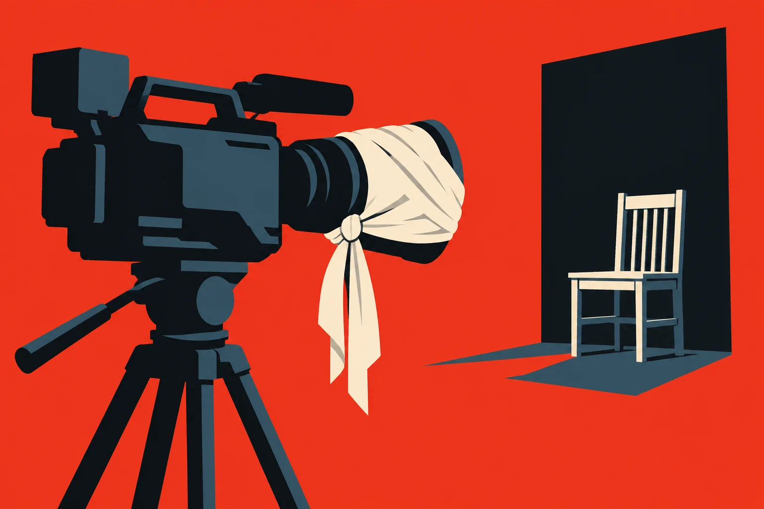 A video camera on a tripod has a cloth tied over its lens and points toward an empty wooden chair against a black backdrop.