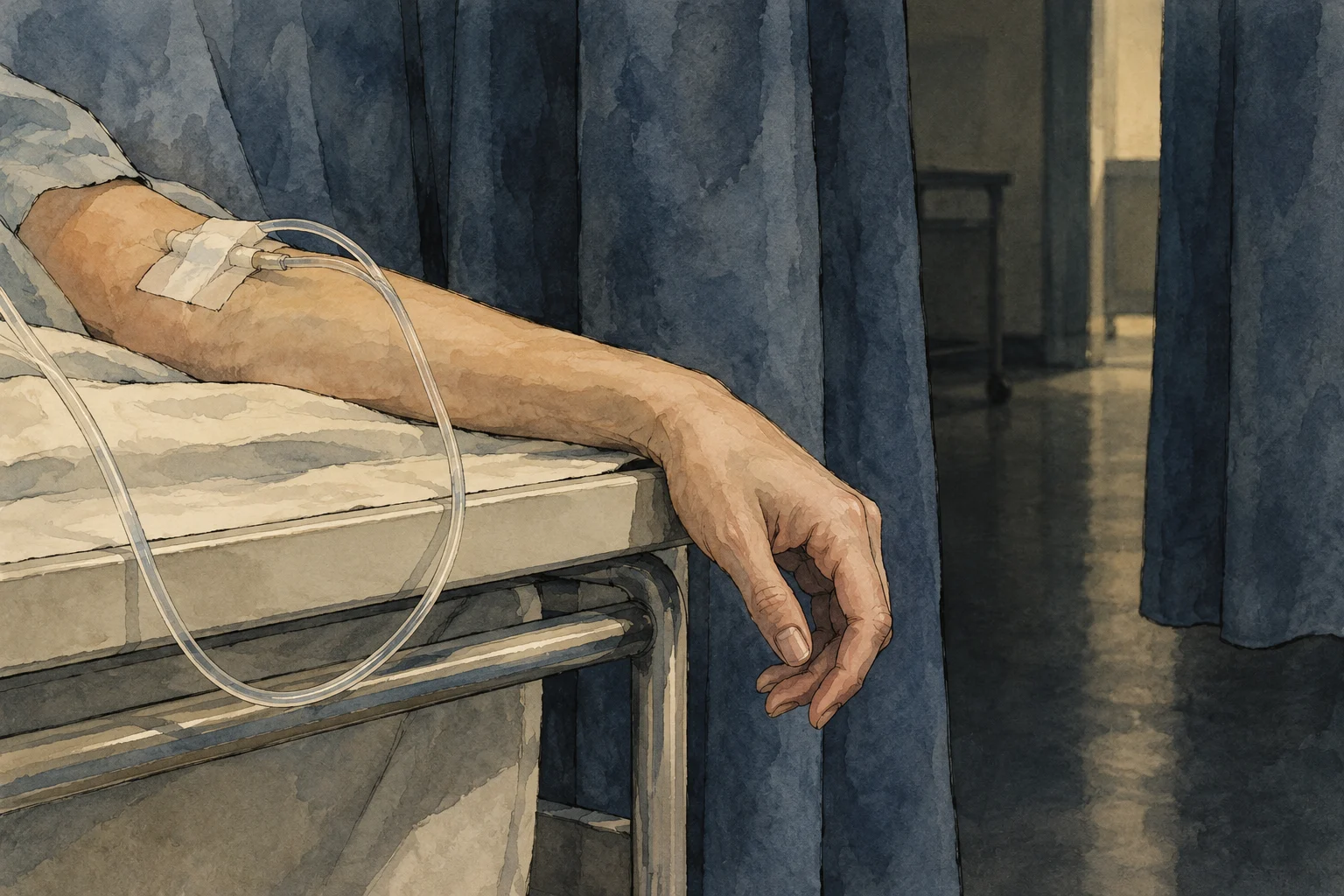 A watercolor illustration shows a patient's arm with an intravenous line resting on a hospital bed, the hand hanging beside blue privacy curtains.