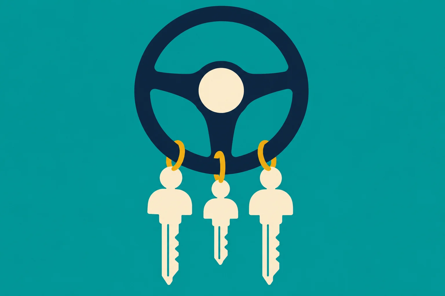 A dark blue steering wheel on a teal background has three cream-colored keys shaped like people hanging from gold rings.
