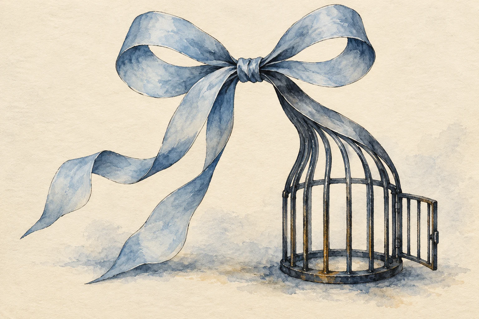 A watercolor blue ribbon tied in a large bow flows into an empty birdcage with an open door on cream textured paper.