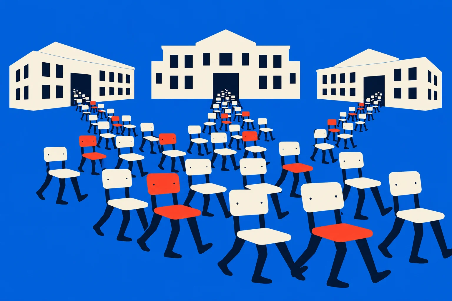 Rows of cream and red chairs with walking legs lead toward three cream school buildings against a bright blue background.