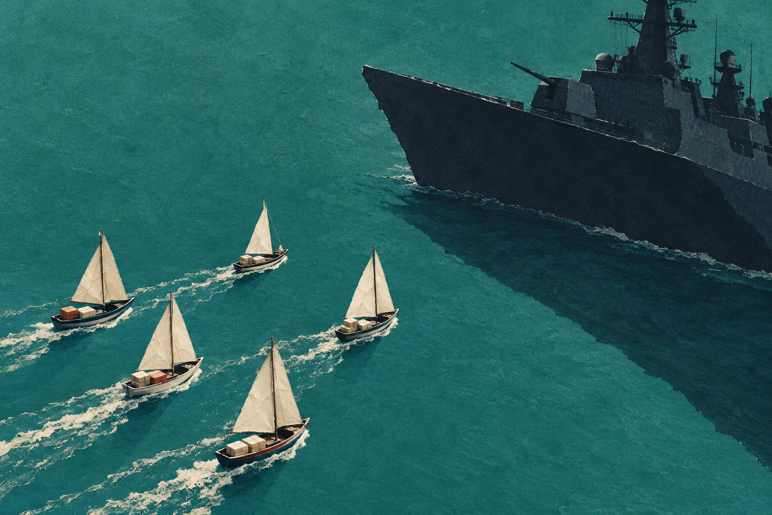 Five small sailboats carrying cargo cross teal water near a towering dark warship that casts a broad shadow.