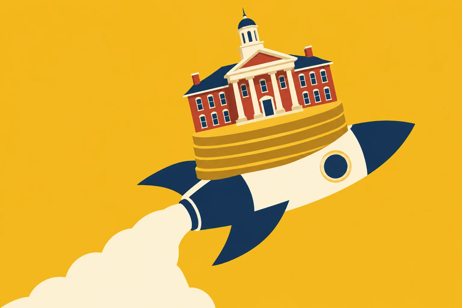 A rocket carries gold coins and a red brick institutional building upward against a yellow background, trailing a plume of white smoke.