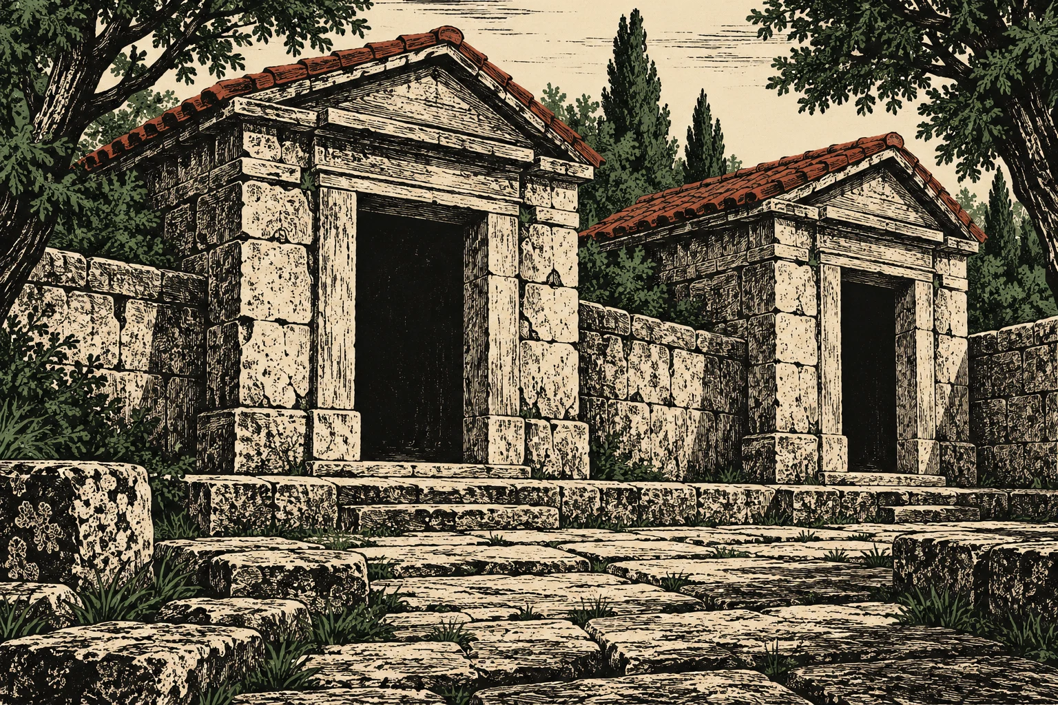Two ancient stone buildings with red tiled roofs and dark doorways stand among trees beside a weathered stone courtyard.