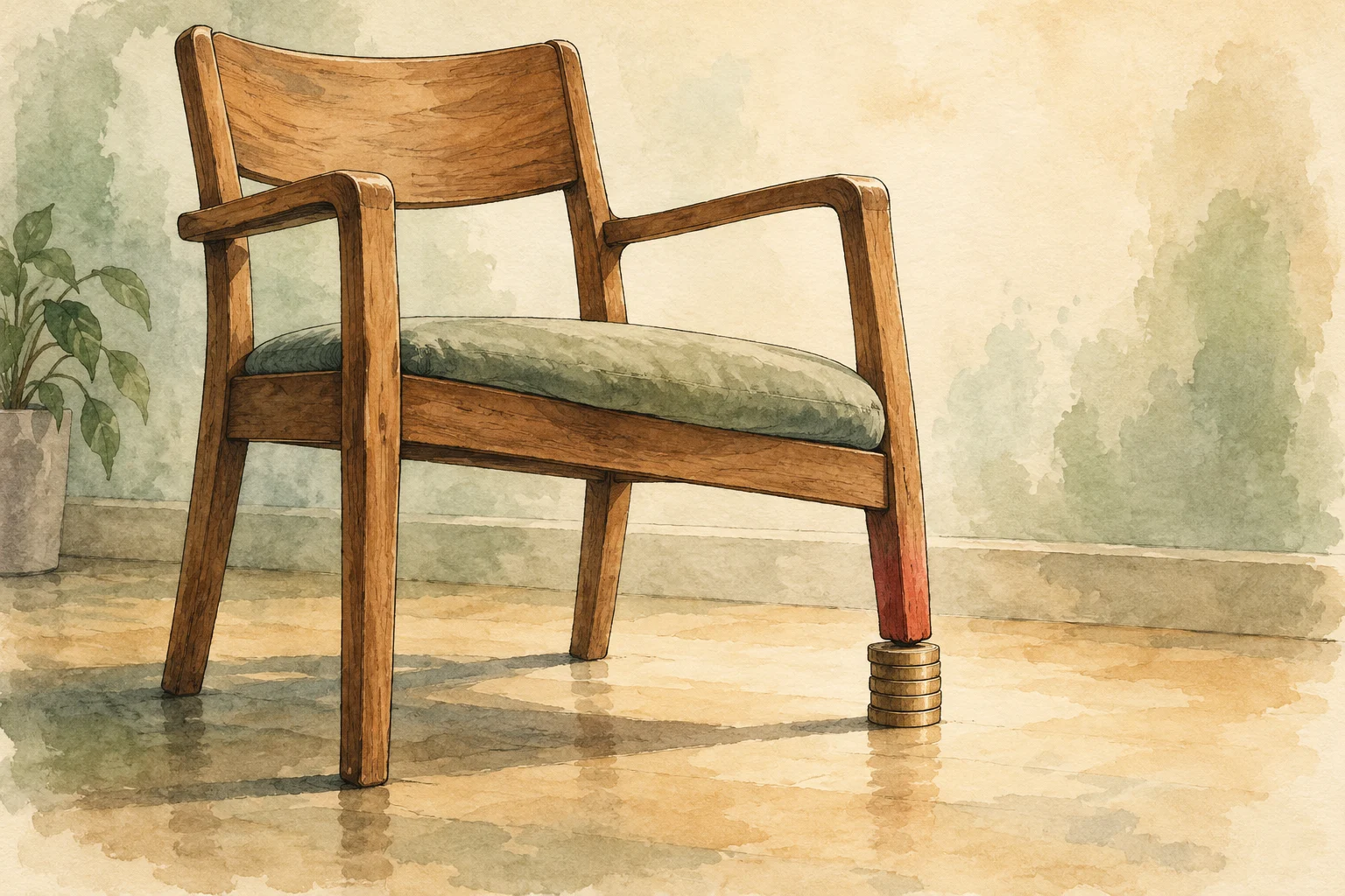 A watercolor wooden armchair with a green cushion has one short, red-tipped leg supported by a stack of coins beside a potted plant.