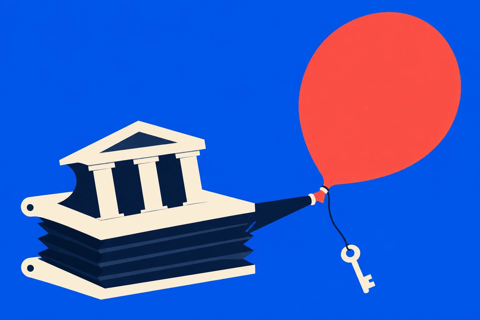 A bellows shaped like a classical temple inflates a large red balloon, with a cream key hanging from its tied neck against a blue background.