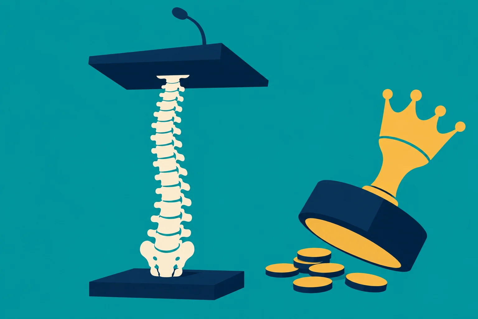 A spine supports a dark blue lectern beside a fallen gold crown on a tilted pedestal, with scattered gold coins against a teal background.