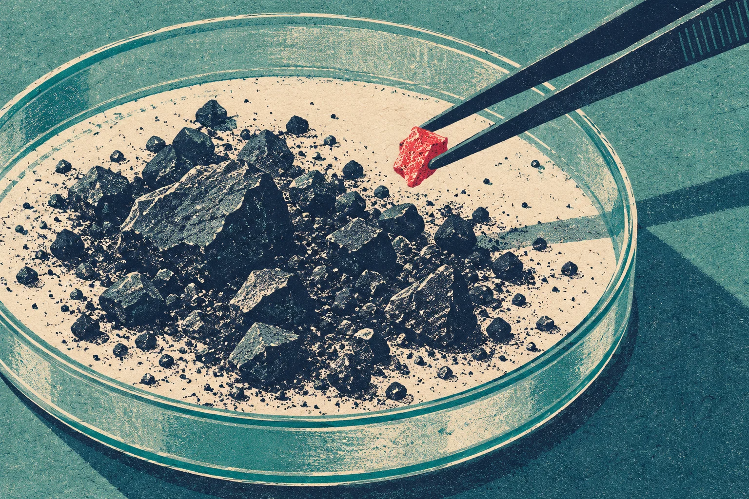 Tweezers hold a small red fragment above dark rocks and powder in a shallow glass dish, rendered in a textured teal and cream illustration.