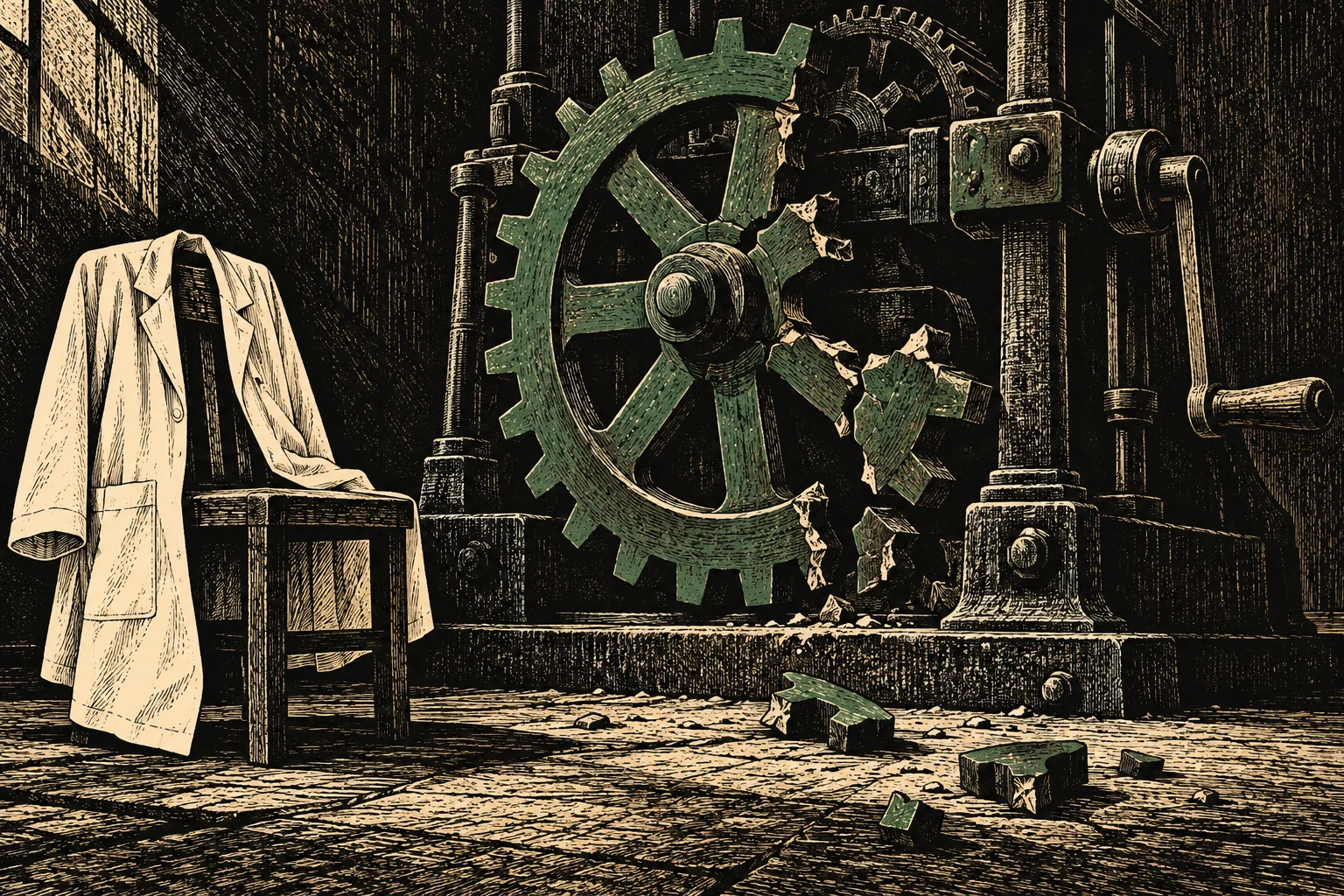 A vintage engraving shows a large broken green gear in a dark workshop, with fragments scattered on the floor and a white coat draped over a chair.