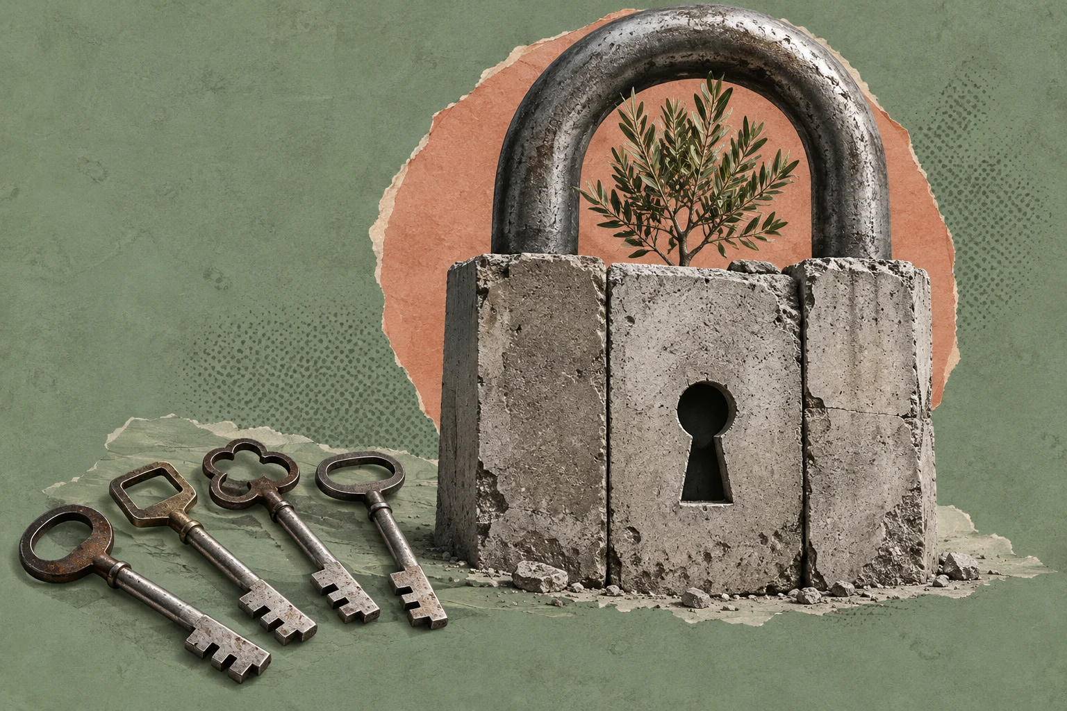 Four antique keys lie beside a large weathered stone padlock with an olive tree inside its arch, against a textured green background with torn orange paper.