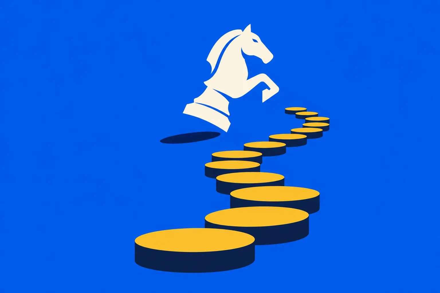 A white chess knight leaps above a winding path of yellow-topped dark blue platforms against a bright blue background.