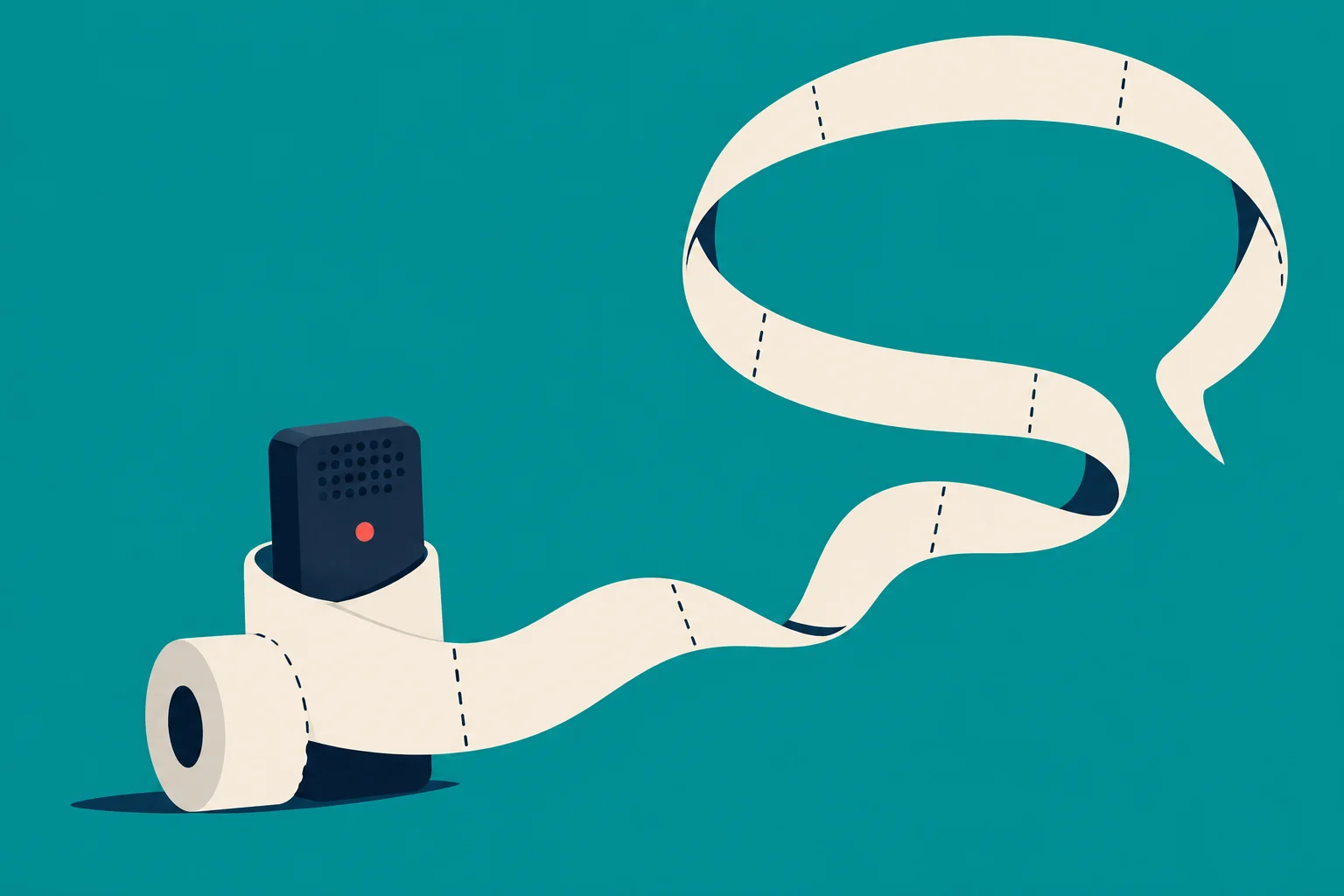 A dark blue device with a red button sits inside a toilet paper roll, whose cream ribbon twists upward against a teal background.