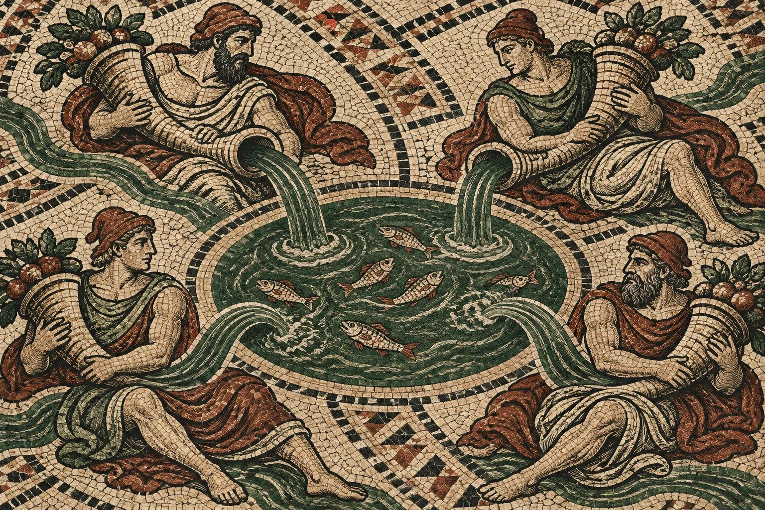 A mosaic depicts four seated figures holding fruit-filled cornucopias that pour water into a central pool with fish, surrounded by geometric patterns.