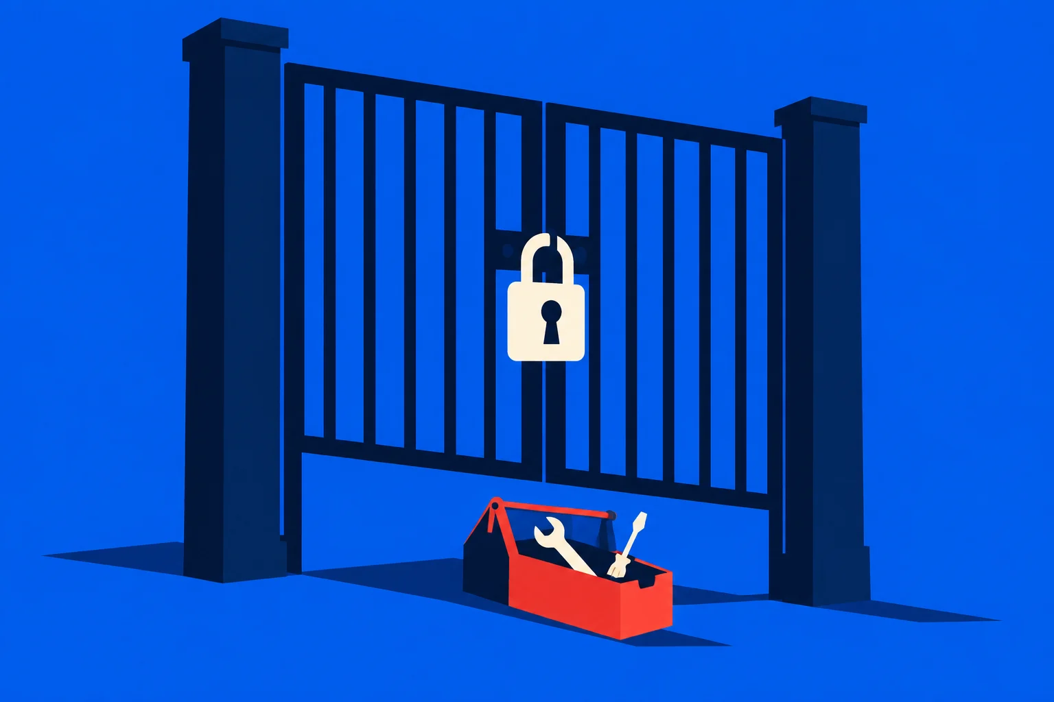 A locked dark blue metal gate stands against a bright blue background, with a red toolbox holding a wrench and screwdriver in front.