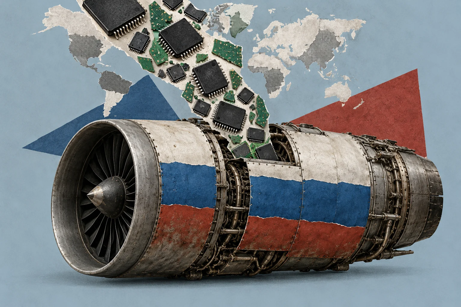 A jet engine painted with Russian flag colors sits beneath a world map, with microchips and circuit board fragments flowing into its exposed machinery.