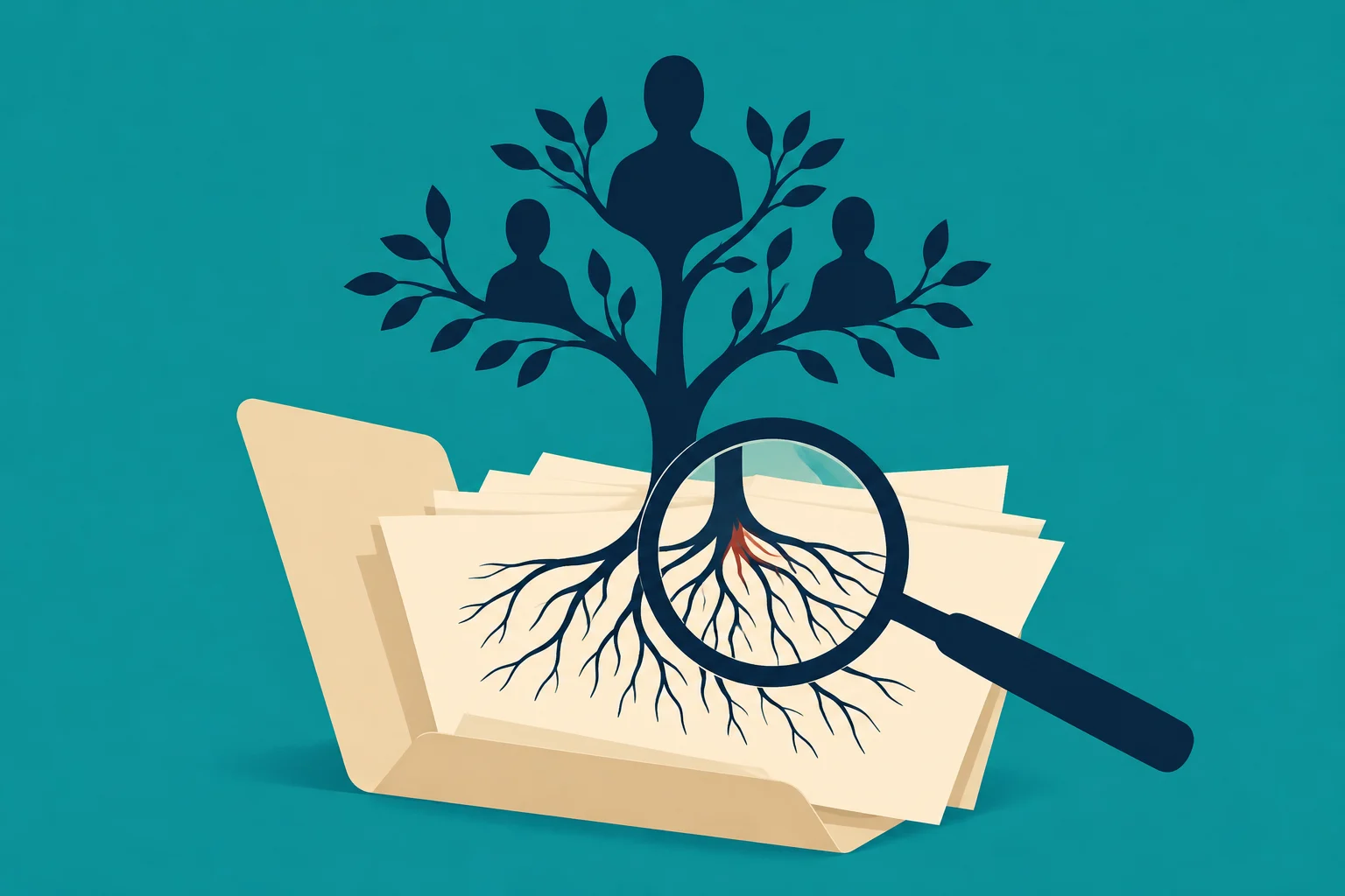 A family tree with human silhouettes grows from documents in a folder, while a magnifying glass highlights its branching roots.