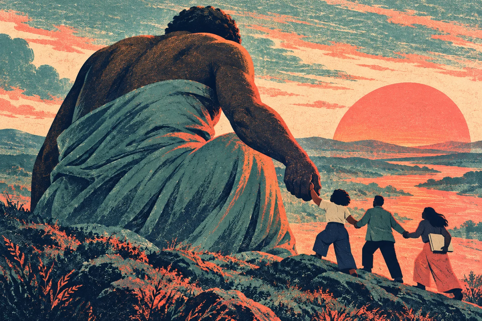 A giant draped figure holds hands with three people walking across a rocky landscape toward a river and a large orange setting sun.