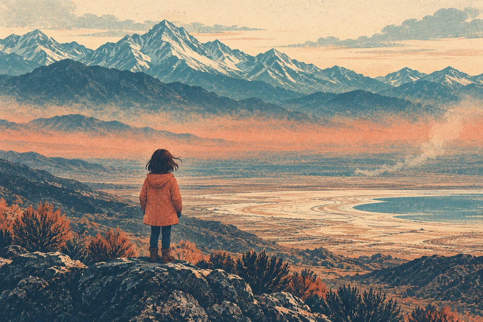 A person in an orange coat stands on a rocky hillside overlooking a winding river valley beneath snowcapped mountains in a textured illustration.